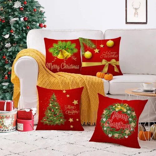 Vista 5 de Juego de 4 fundas de almohada de Navidad de 12 x 12 pulgadas, fundas de almohada de terciopelo de Navidad, fundas de almohada doradas y rojas