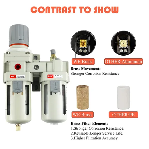 Vista 5 de RIH Pneumatics - Regulador de filtro de aire comprimido NPT de 1/2 pulgada, lubricador combinado separador de trampa de agua/aceite, calibre