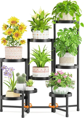 Vista 13 de LASZOLA Soporte alto plegable para plantas de 5 niveles para interiores y exteriores, para macetas grandes, estante ajustable de metal resistente