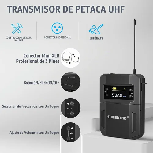 Vista 4 de Phenyx Pro Sistema de Micrófono Inalámbrico, Juego de Micrófono Inalámbrico de Metal con Micrófonos de Mano/Bodypack/Auricular/Pinza, 2 x 30