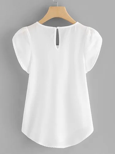 Vista 2 de Milumia Blusa de cuello redondo plisado para mujer, estilo casual y básico, con manga casquillo y abertura de cerradura en la espalda