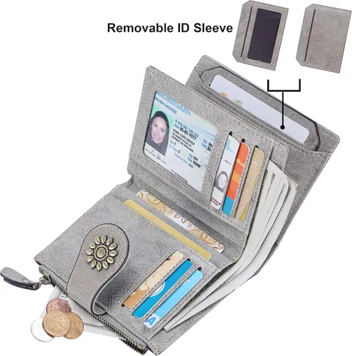 Vista 2 de Lavemi Cartera de cuero para mujer, pequeña, compacta, con bloqueo RFID, con bolsillo con cremallera