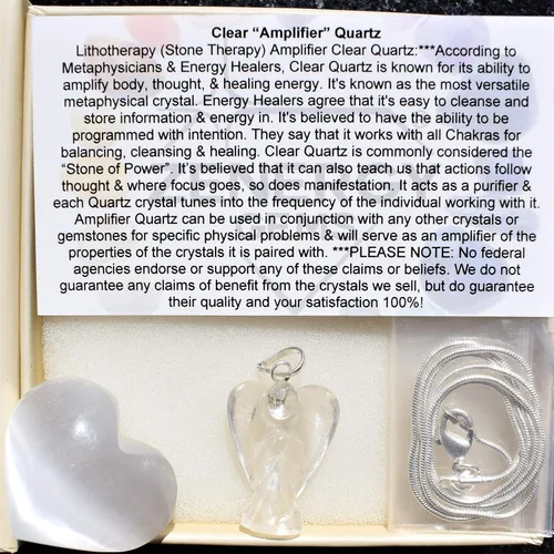 Vista 7 de Zenergy Gems Colgante de ángel de cristal natural tallado a mano con selenita cargado + cargador de corazón hinchado de bolsillo de selenita
