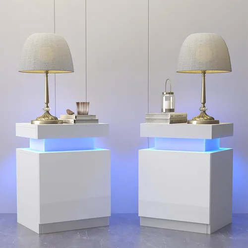 Vista 14 de oneinmil Juego de 2 mesitas de noche con luces LED, mesita de noche con armario de almacenamiento para dormitorio, mesita de noche con LED
