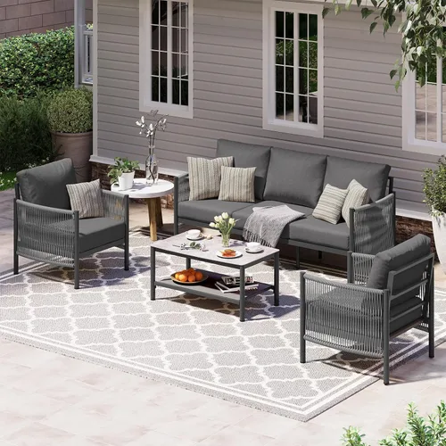 Vista 25 de Sofá de dos plazas de aluminio para patio exterior, sofá de patio de cuerda HDPE con cojín grueso lavable, muebles de patio para todo tipo de clima