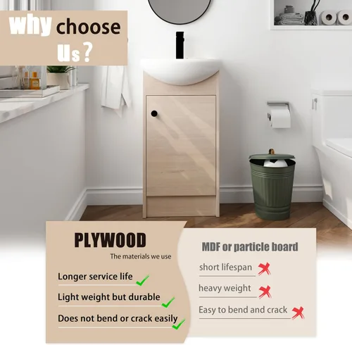 Vista 6 de BN-022 - Tocador de baño de 18 pulgadas con lavabo, tocador independiente de 18 pulgadas con puerta de cierre suave para espacios pequeños, moderno