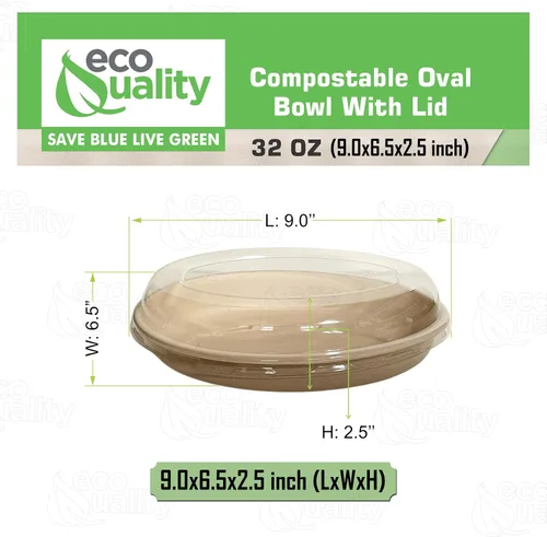 Vista 3 de Cuencos de burrito ovalados desechables de fibra compostable de 32 onzas con tapas de cúpula, resistentes, ecológicos, bagazo natural sin blanquear