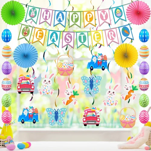 Vista 2 de 32 piezas de decoraciones de Pascua, decoración de Pascua, pancarta de Pascua feliz huevo conejo, guirnalda colgante para el hogar, oficina