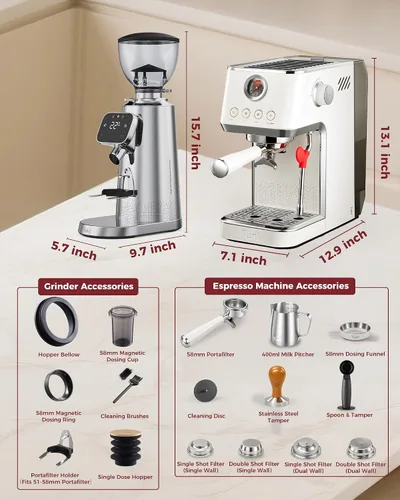 Vista 9 de Tuni E2 Gen3 Espresso Machine with G3 64mm Flat Burr Coffee Grinder, Silver
