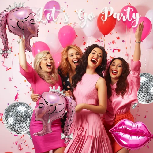 Vista 5 de 2 globos de papel de aluminio de princesa rosa, arco de cabeza de niña, globos de corona de muñeca para decoración de fiesta temática de princesa