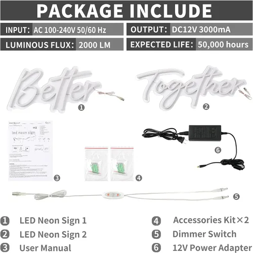 Vista 5 de ATOLS Letrero de neón grande Better Together para decoración de pared, con interruptor regulable, letrero de luz de neón reutilizable de 12V