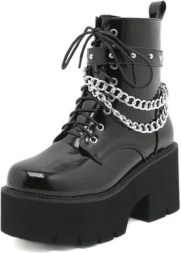 Vista 12 de mikarka Platform Boots for Women - Womens Combat Boots with Chain Design 1-negro