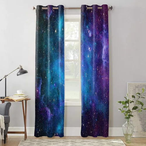 Vista 3 de T&H XHome Cortinas del espacio exterior, estrellas galaxias en el espacio, planetas astronómicos celestiales en el universo, Vía Láctea, 2 paneles