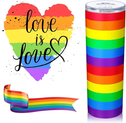 Vista 2 de Geiserailie Vaso de bandera del orgullo arcoíris, regalo pansexual Lesbiana LGBT del orgullo gay, taza de agua a rayas de arcoíris, regalos del mes