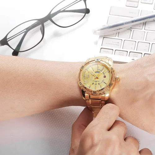 Vista 7 de FANMIS Reloj analógico de lujo para hombre, con fecha de cuarzo, impermeable, de acero inoxidable, Oro, Reloj de cuarzo