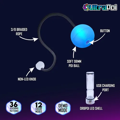 Vista 3 de OrbPoi - Juego Orb Poi con manijas de perilla no LED, bolas LED de contacto recargables por USB, con más de 30 modos de color y patrones