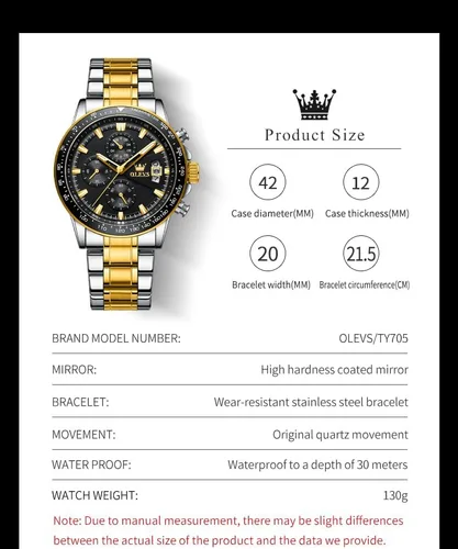 Vista 6 de OLEVS Mens Watches Luxury Dress Analog Quartz Gold Stainless Steel Wrist Watch Color Multifunction Chronograph Waterproof Date Wrist Watch for Mens
