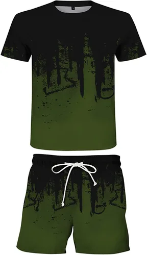 Vista 3 de Traje deportivo para hombre, camiseta y pantalones cortos, conjunto de dos piezas, estampado de moda, manga corta, casual, pantalones cortos