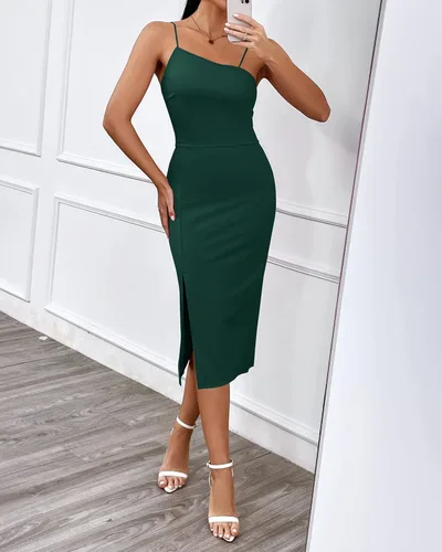 Vista 7 de PRETTYGARDEN Vestidos de verano para mujer, sexy, con tirantes delgados, dobladillo dividido, sin mangas, con cremallera, para cóctel, vestido midi
