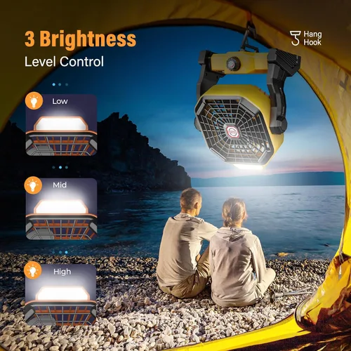 Vista 5 de JINLICTE Ventilador solar de 10400mAh con linterna LED, ventilador de camping con panel solar, ventilador solar recargable de 7W para exteriores