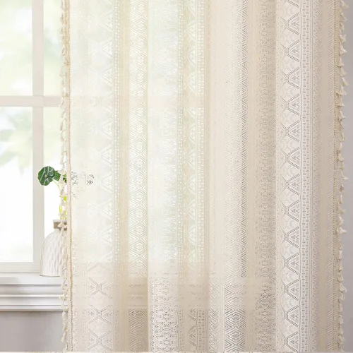 Vista 4 de Cortinas de encaje transparente con borlas de lino bohemio beige, elegante geometría de ganchillo, bolsillo para barra, cortinas de ventana