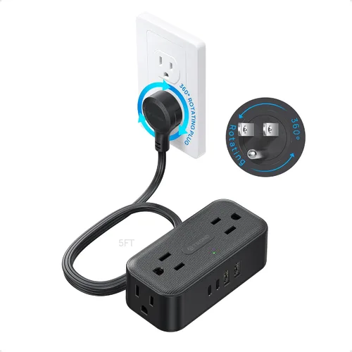 Vista 8 de TROND - Regleta de alimentación con enchufe plano giratorio de 360°, cable de extensión de 3 pies con 4 puertos USB, 4 tomas de CA ampliamente