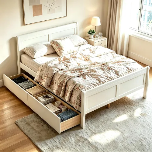 Vista 11 de KOMFOTT Cama individual con 2 cajones, cama de almacenamiento individual con cabecera y estribo, marco de cama de madera de trineo con soporte