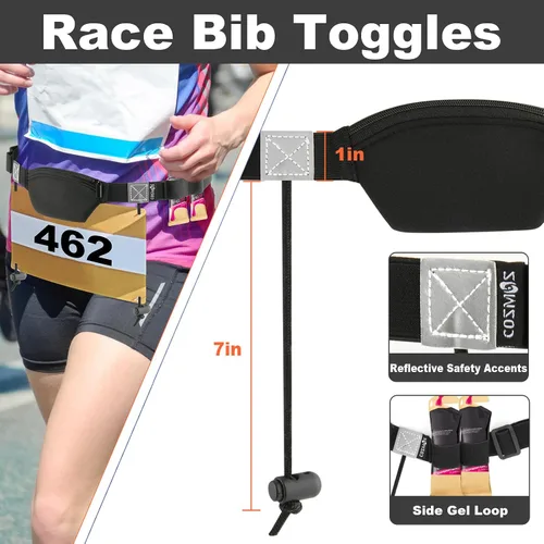 Vista 4 de Cosmos Cinturón de número de carrera, cinturón elástico para número de carrera, para maratón, triatlón, correr, con mini bolsa y 4 bucles