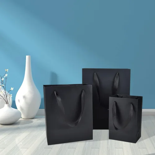 Vista 5 de HUAPRINT Paquete de 30 (10 juegos) bolsas de papel negras con asas, tamaños mixtos de 5.25 x 3.75 x 8 pulgadas, 8 x 5 x 10 pulgadas y 10 x 5 x 13