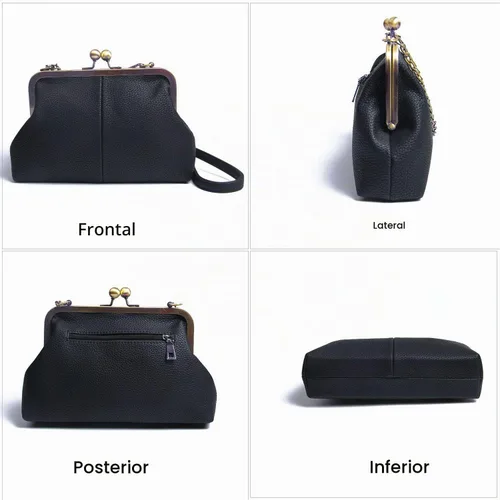 Vista 4 de Cartera clásica para mujer con cierre de beso, con correa de cadena, bolso de hombro Negro