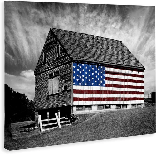 Vista 2 de Stupell Industries Granero blanco y negro con bandera estadounidense, diseñado por James Mcloughlin, 30 x 24, lienzo decorativo para pared
