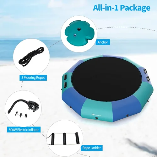 Vista 5 de Goplus - Trampolín inflable de agua de 10 pies, 12 pies, 15 pies, rebotador acuático recreativo con inflador eléctrico, escalera de cuerda, cuerdas
