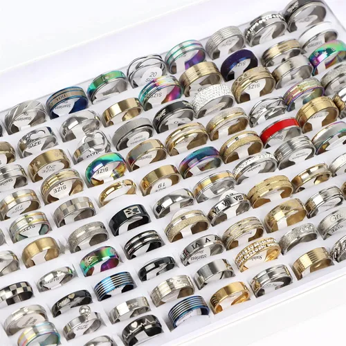 Vista 3 de 50PcsLot Fashion Stainless Steel Heart Rhinestone Band Rings For Women Men Mix Style Party Jewelry Wholesale