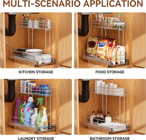 Vista 6 de Organizador de gabinete extraíble de 2 niveles para debajo del fregadero, cesta de estante de alambre deslizante para gabinetes de base de cocina, 9