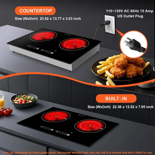 Vista 7 de Diseño de doble bobina de cocina de 2 quemadores, placa eléctrica de cerámica de 1800 W para cocinar, encimera portátil de doble quemador infrarrojo