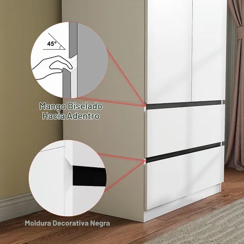 Vista 5 de Armario Ropero Closet con Cajones: Armario Grande Blanco de 75" con 2 Puertas para Colgar Ropa, Armarios de Madera Modernos para Dormitorio con 2