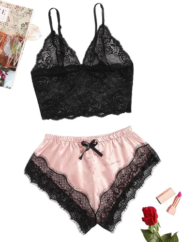 Vista 3 de SweatyRocks - Pijama sexy de dos piezas con parte inferior y superior en encaje para mujer