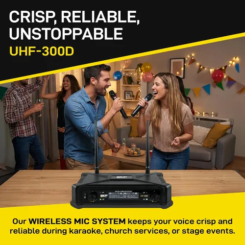 Vista 2 de SKP Pro Audio Sistema de micrófono inalámbrico UHF-300D - Micrófonos inalámbricos de mano dobles con baterías AA, rango de 200 pies, pantalla LCD