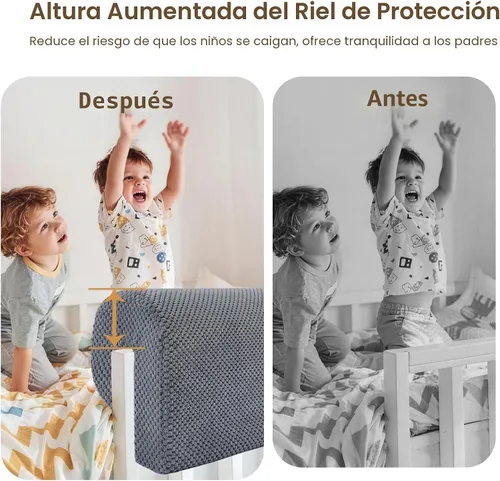 Vista 5 de Protector de parachoques para barandilla de cama para niños, barrera acolchada suave, altura aumentada, fácil de instalar, funda lavable, se adapta