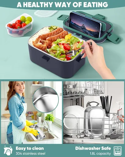 Vista 3 de Eocolz Fiambrera eléctrica calentador de alimentos 100 W, 1.8 L portátil calentado fiambrera para coche camión trabajo con contenedor de acero