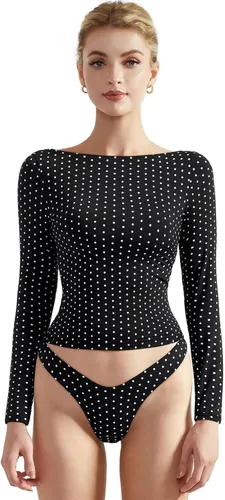 Vista 8 de SUUKSESS Camiseta de mujer con cuello redondo, manga larga, doblemente forrada, ajustada y corta