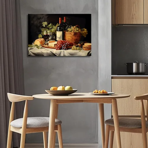 Vista 4 de OAAPITI Cuadros de Cocina Decoración de Pared Acuarela Vino Uva Pan Impresión en Lienzo Pinturas Abstractas de Frutas y Alimentos para Comedor Casa