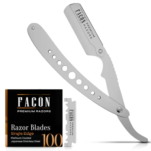 Vista 14 de Facón Navajas rectas para hombres - Kit de navaja de barbero profesional de borde recto con 100 cuchillas, afeitadora clásica de acero inoxidable El