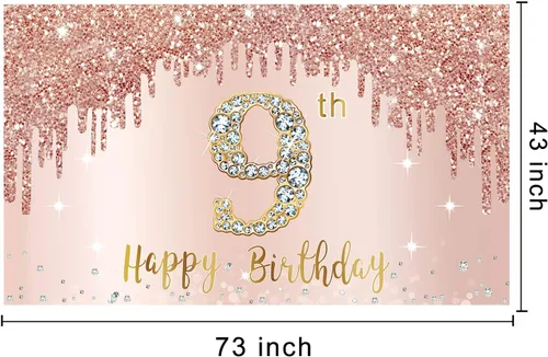 Vista 2 de Cartel de feliz 9º cumpleaños para niñas, suministros de fiesta de noveno año de oro rosa, cartel rosa de 9 años, decoración de cabina de fotos