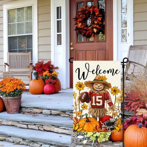 Vista 2 de Bandera de jardín de espantapájaros de otoño de 12 x 18 pulgadas, doble cara exterior, Acción de Gracias, fútbol, bienvenida, otoño, calabaza