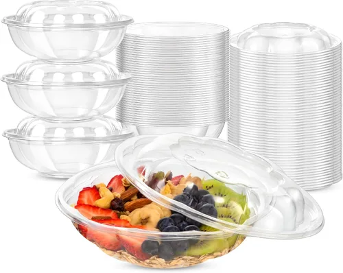 Vista 8 de Fit Meal Prep 50 unidades 18 onzas Tazones desechables de plástico transparente para ensalada con tapas herméticas - Para llevar para almuerzo