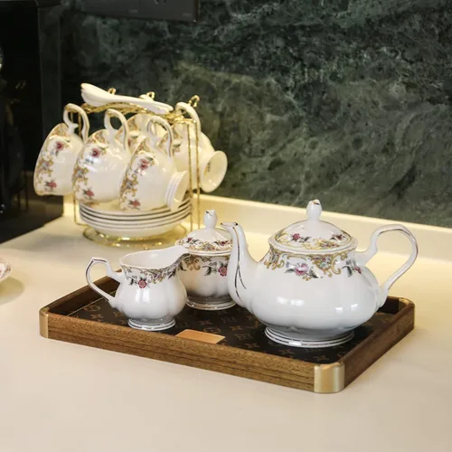 Vista 2 de ACMLIFE Juego de té de porcelana de hueso para adultos, juego de té de porcelana fina blanca y floral de 21 piezas, juego de 6 tazas de té inglés
