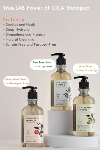 Vista 6 de TheMogan True.LAB Champú de queratina Cica 9.6 fl oz - Fórmula calmante y fortalecedora con centella asiática, queratina y aceites naturales para un