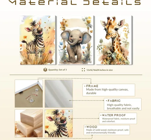 Vista 5 de Juego de 3 Arte de Pared de Animales del Bosque, Lienzo de Decoración de Pared con Imágenes de Animales Salvajes para Guardería, Lindo Póster