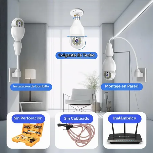 Vista 2 de EVERSECU HD 2K 3.0MP Cámara de seguridad de bombilla inalámbrica con conector de luz E27, seguimiento automático PTZ, audio de dos vías, visión